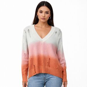 27 Miles Sweater Womens Medium Ombre Distressed V Neck Knit Pullover Multicolor